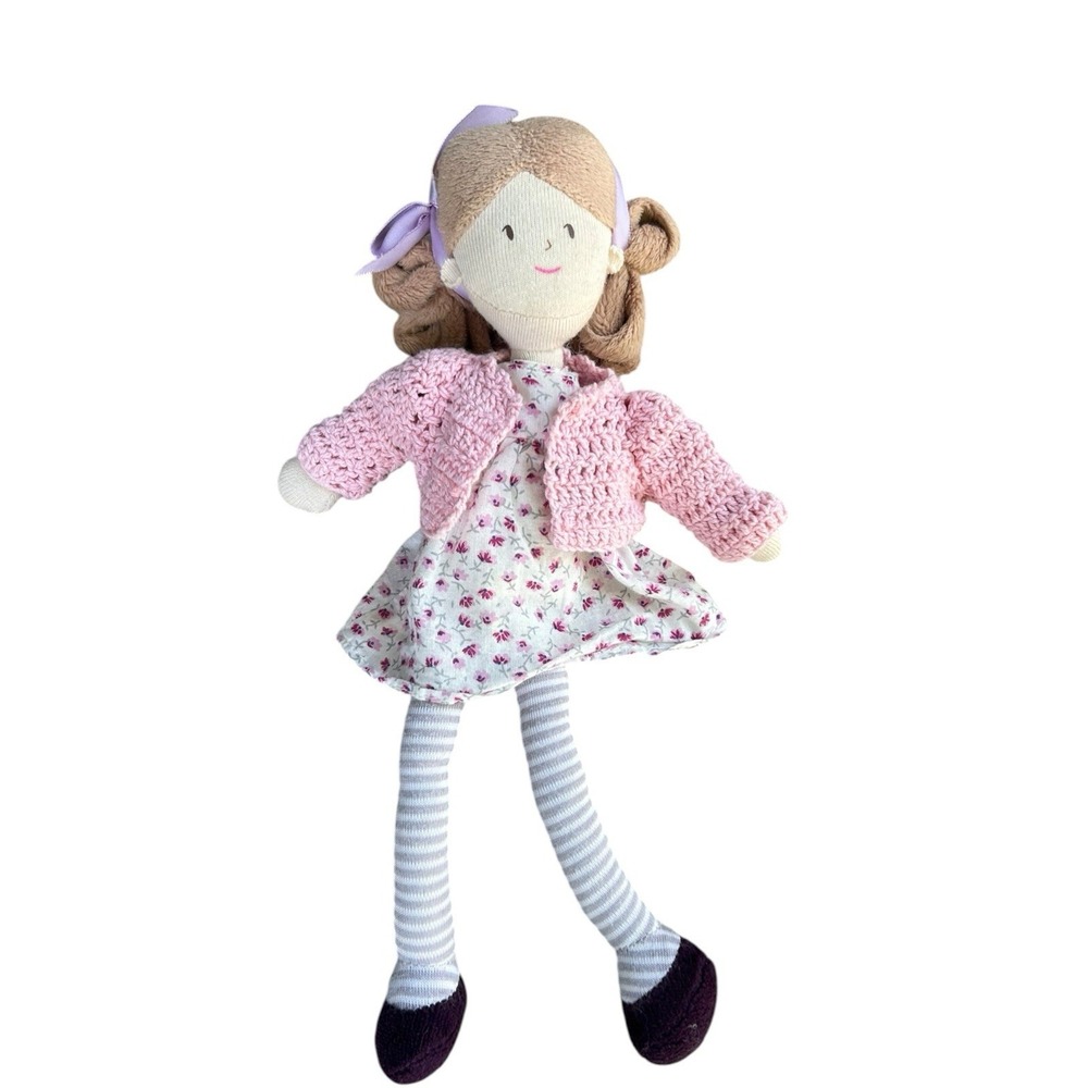 Ragtales Doll Amy UK Pink Sweater 14" Brown Hair Floral‎ Dress Baby
